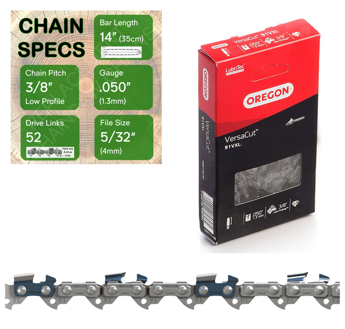 14" Oregon 91VXL052 Chainsaw Chain with specs