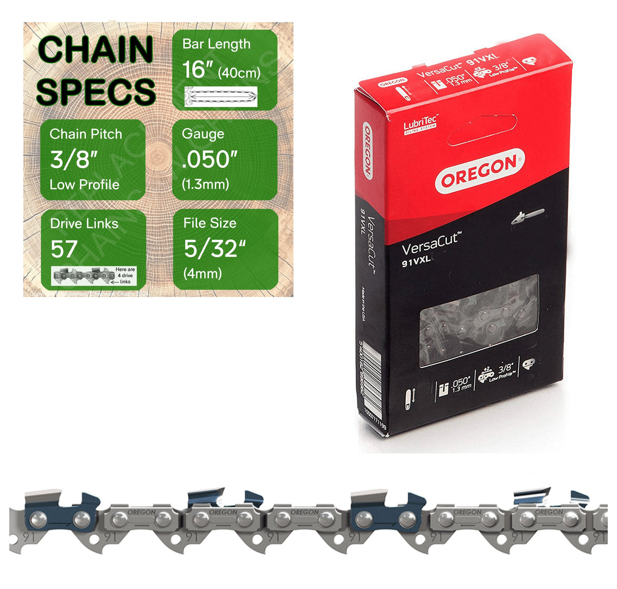 16" OREGON 91VXL057 Replacement Chainsaw Chain
