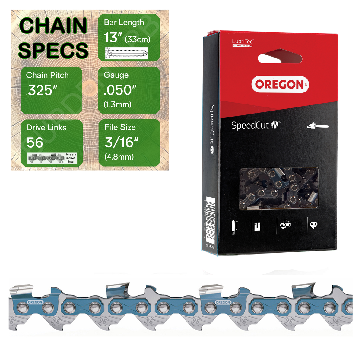 13" Oregon 95TXL056 Chainsaw Chain with specs