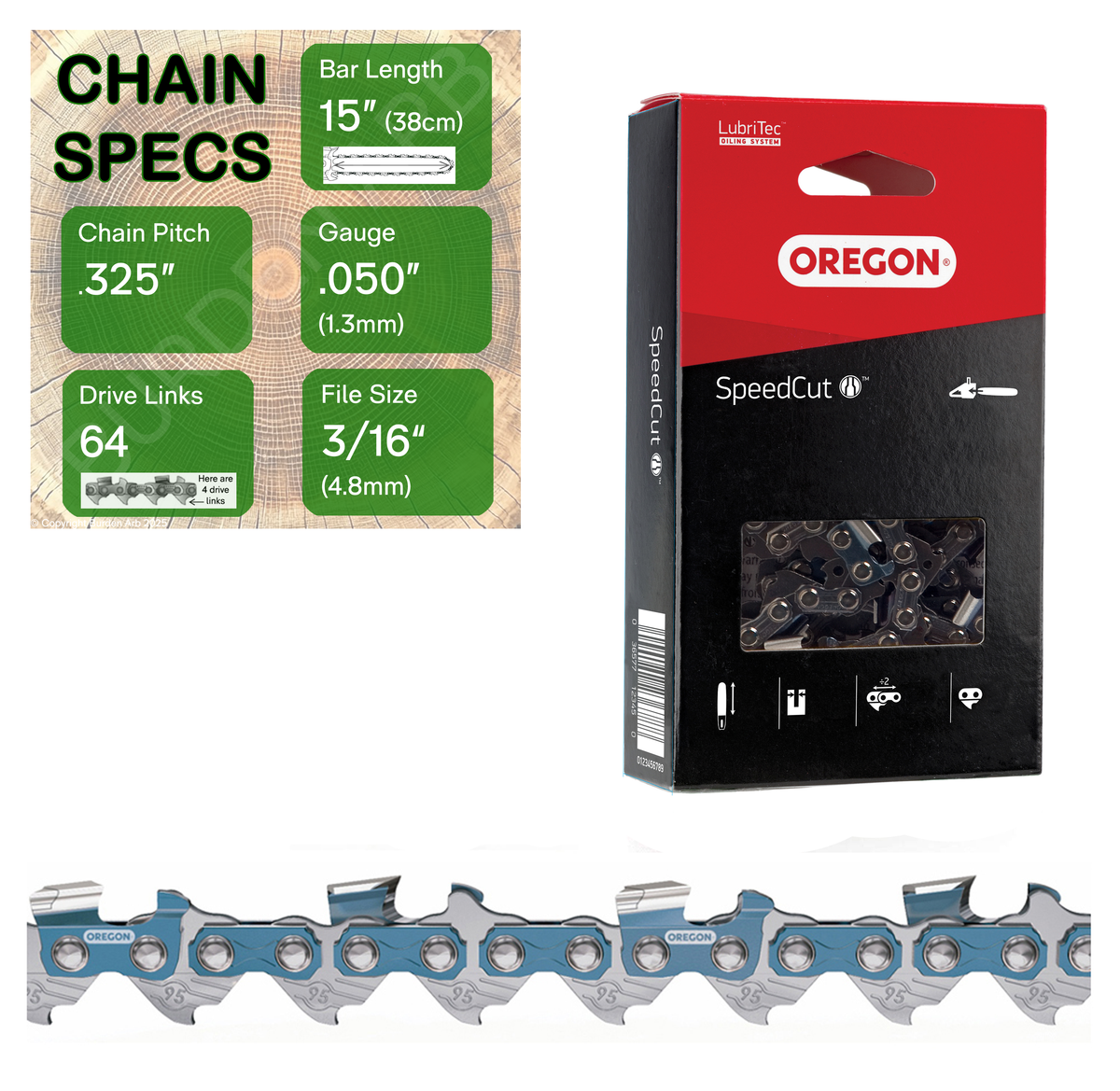 15" Oregon 95TXL064 Chainsaw Chain with specs