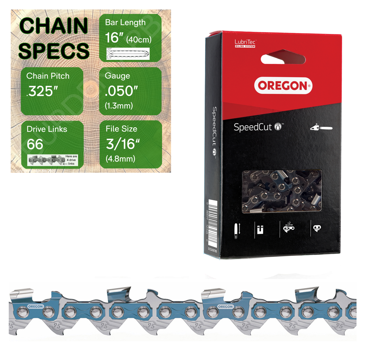 16" Oregon 95TXL066 Chainsaw Chain with specs