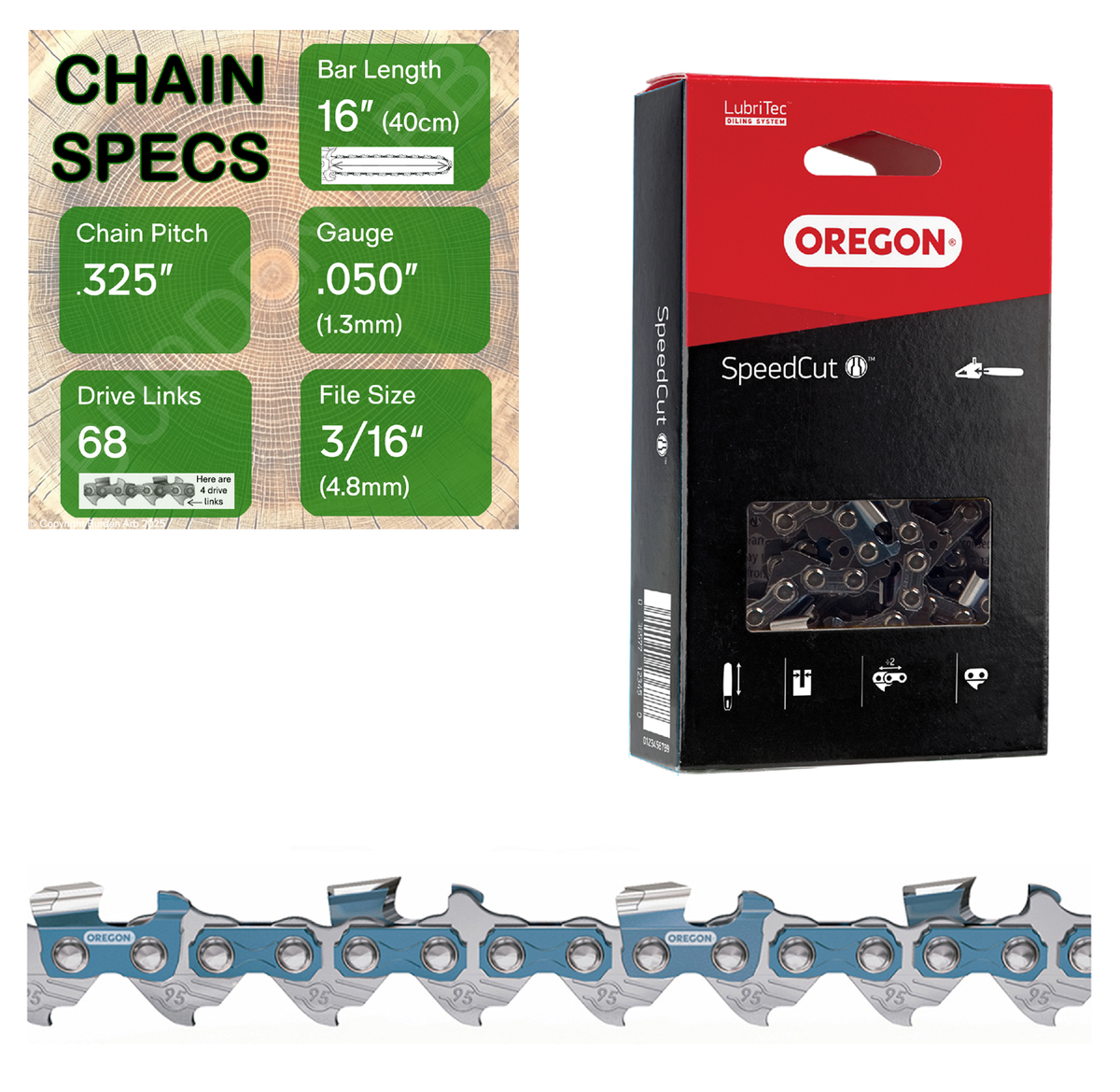 16" Oregon 95TXL068 Chainsaw Chain with specs