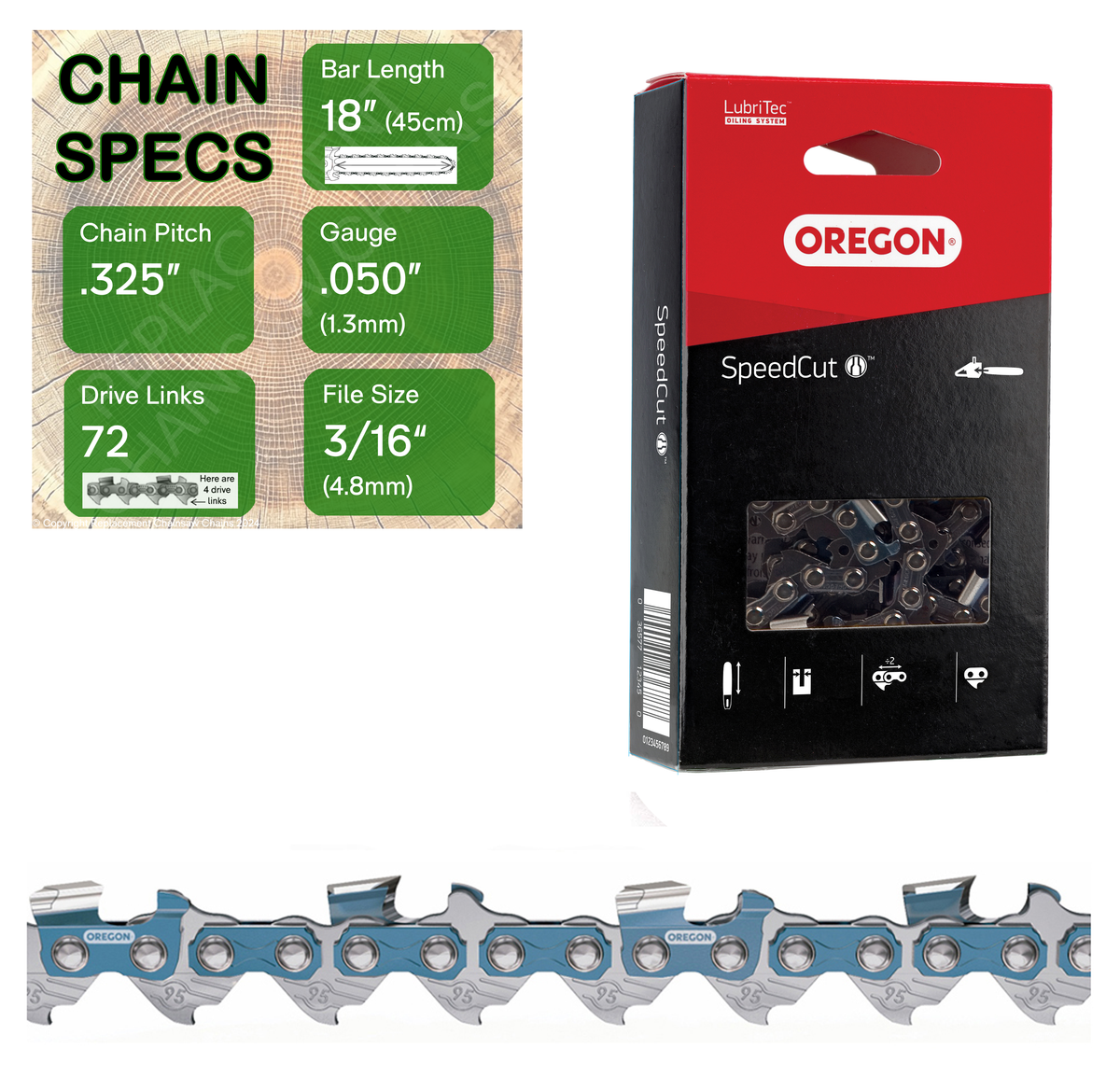 18" Oregon 95TXL072 Chainsaw Chain with specs