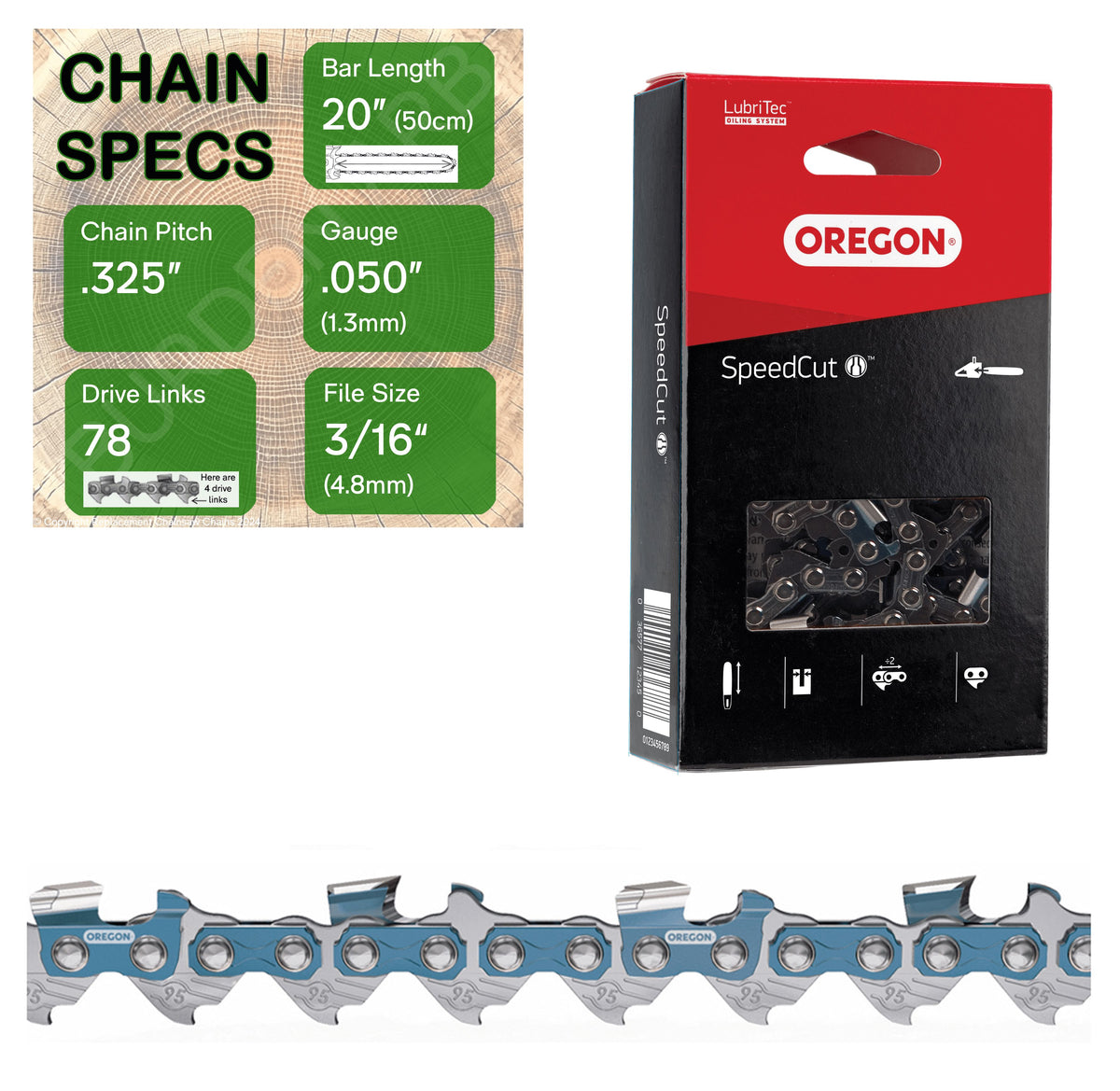 20" OREGON 95TXL078 Semi Chisel Reduced Kickback Replacement Chainsaw Chain