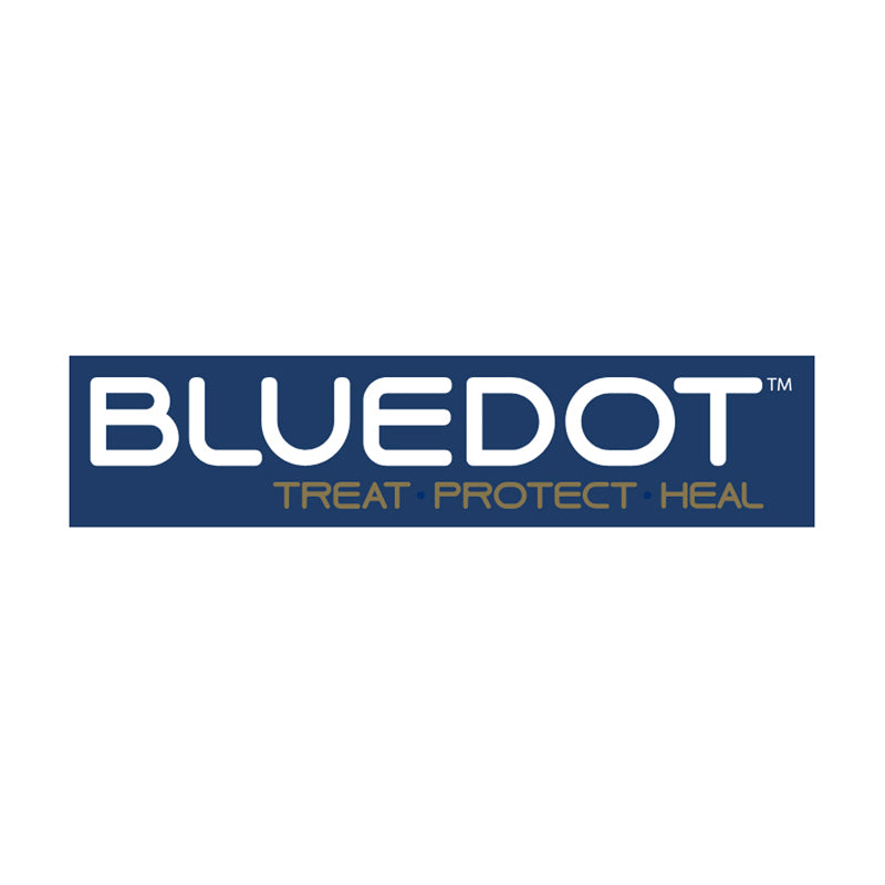 Blue Dot logo with tagline 'Treat Protect Heal' on a blue background