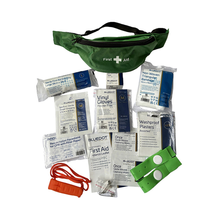 First aid starter kit in bum bag on a white background.