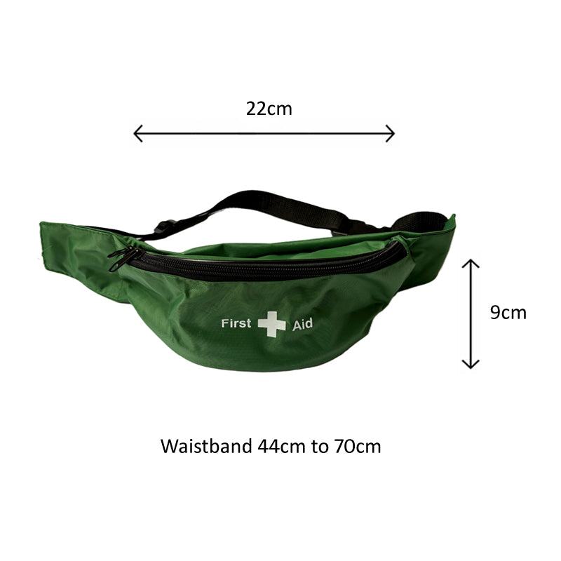 Green first aid kit bum bag with a white cross symbol on a white background and bag measurements