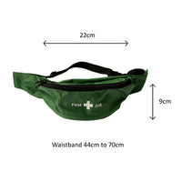 Green first aid kit bum bag with a white cross symbol on a white background and bag measurements