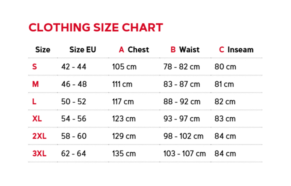 Oregon Clothing Size Chart