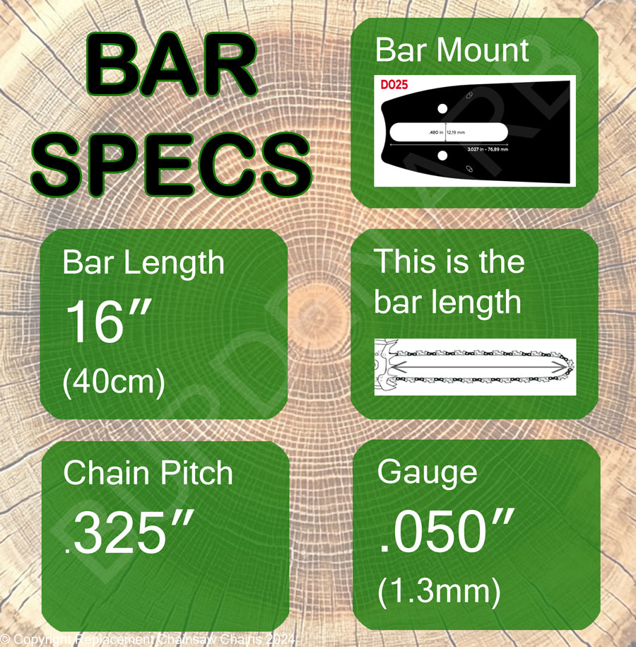 16" 20 & 95 Oregon D025 Guide Bar Specs