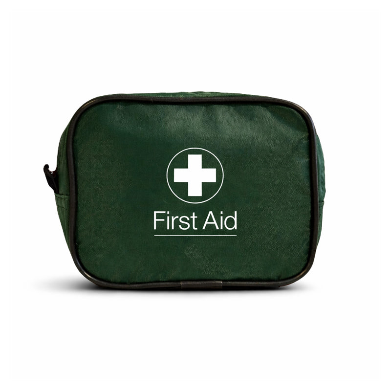Green first aid kit with a white cross symbol on a white background