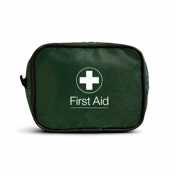 Green first aid kit with a white cross symbol on a white background