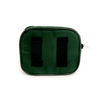Back of Green first aid kit with a black belt straps on a white background