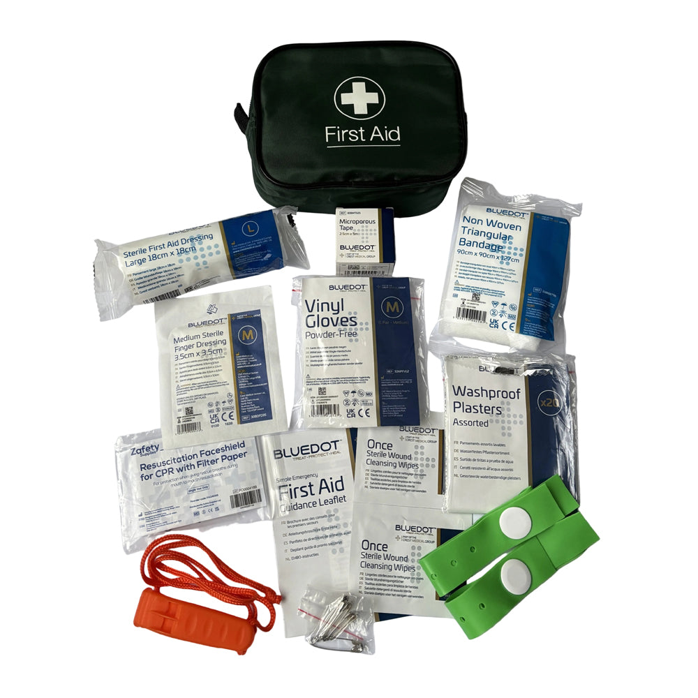 First aid starter kit with 12 items on a white background