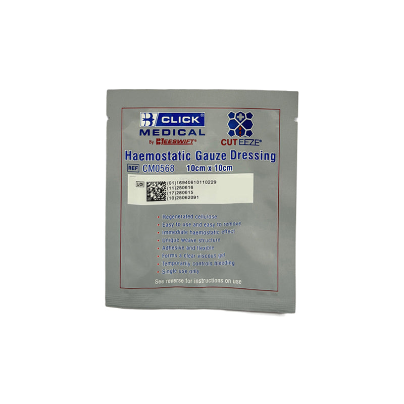 Haemostatic Gauze Dressing package with Click Medical branding on a white background