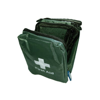 Green first aid kit with a white cross symbol on a white background