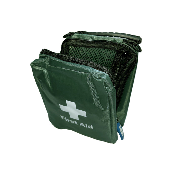 Green first aid kit with a white cross symbol on a white background