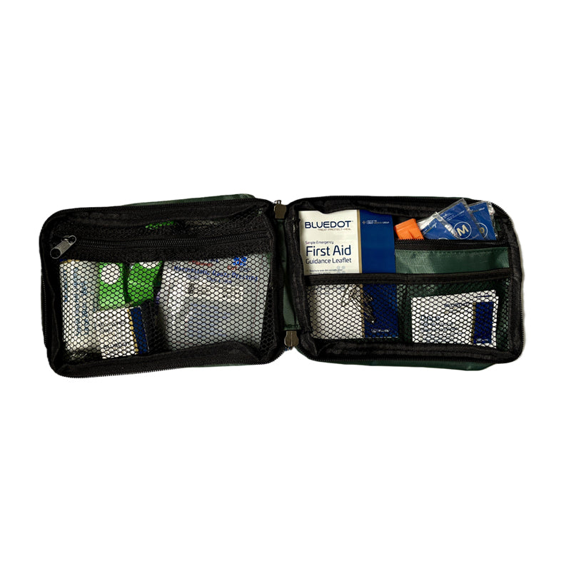 Inside of First Aid Kit Bag with Mesh and Zipped Sections Filled with Items