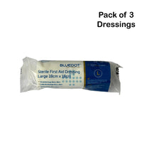 Blue Dot sterile first aid dressing packaged on a white background
