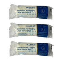 Three packages of Blue Dot sterile first aid dressings on a white background