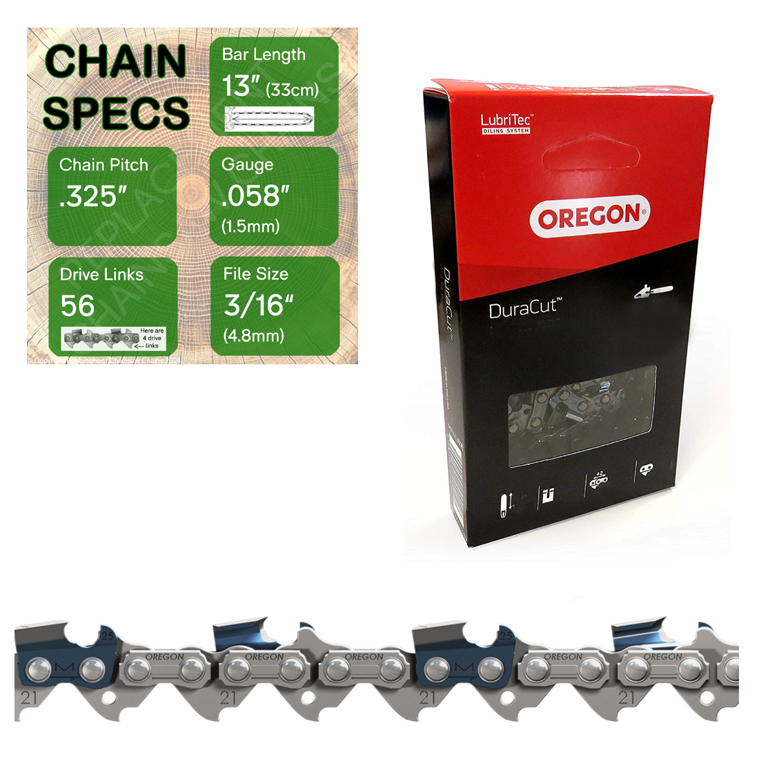 13" Oregon M21LPX056 Chainsaw Chain with specs
