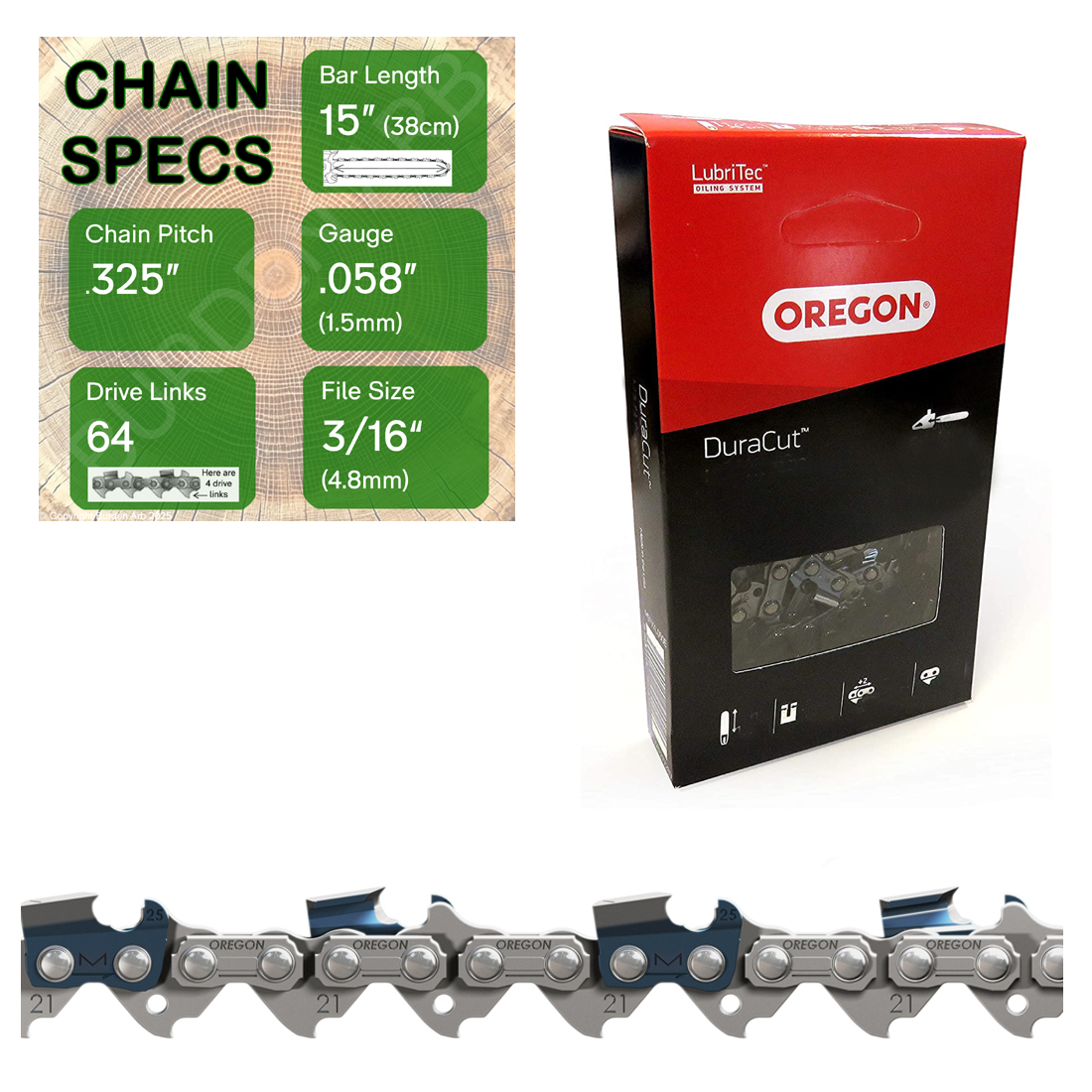 15" Oregon M21LPX064 Chainsaw Chain with specs