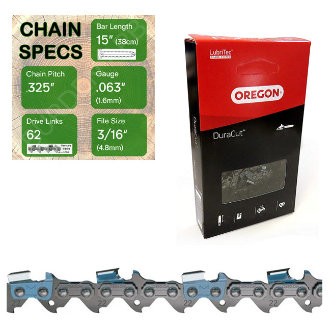 15" Oregon M22LPX062 Chainsaw Chain with specs