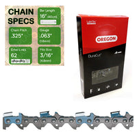 16" Oregon M22LPX062 Chainsaw Chain with specs