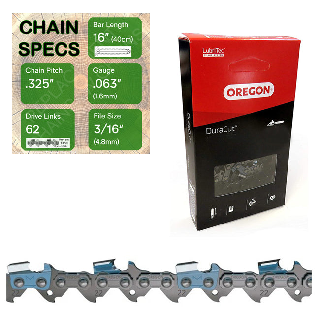 16" Oregon M22LPX062 Chainsaw Chain with specs