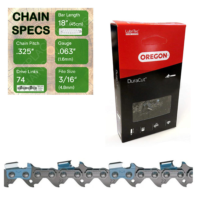 18" Oregon M22LPX074 Chainsaw Chain with specs