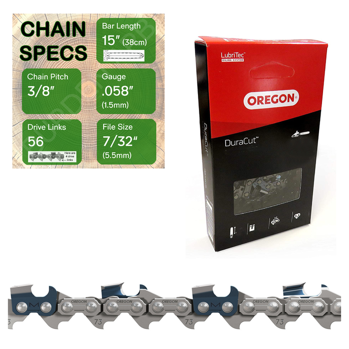 15" Oregon M73LPX056 Chainsaw Chain with specs