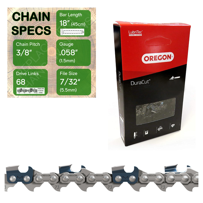 18" Oregon M73LPX068 Chainsaw Chain with specs