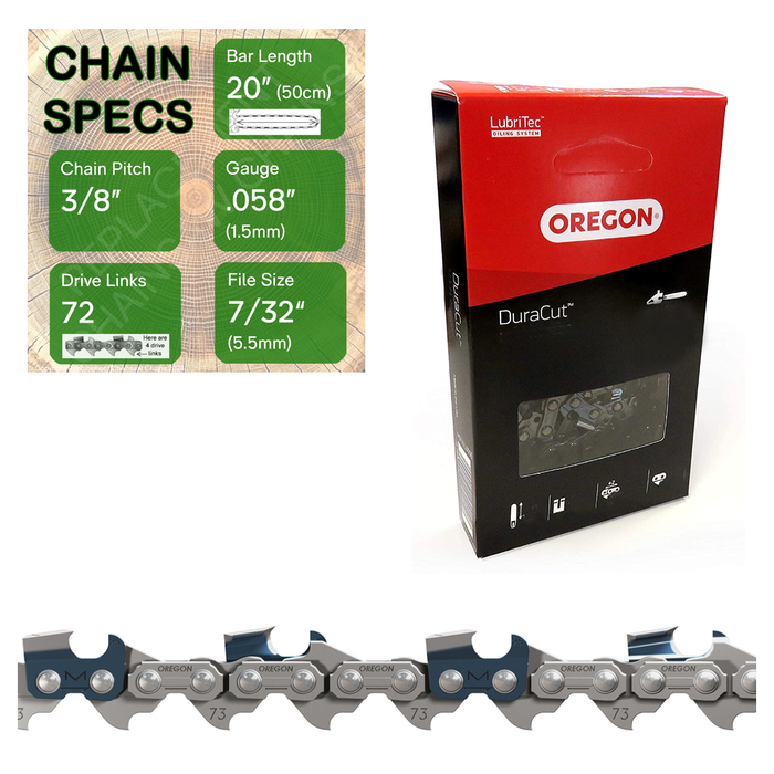 20" Oregon M73LPX072 Chainsaw Chain with specs