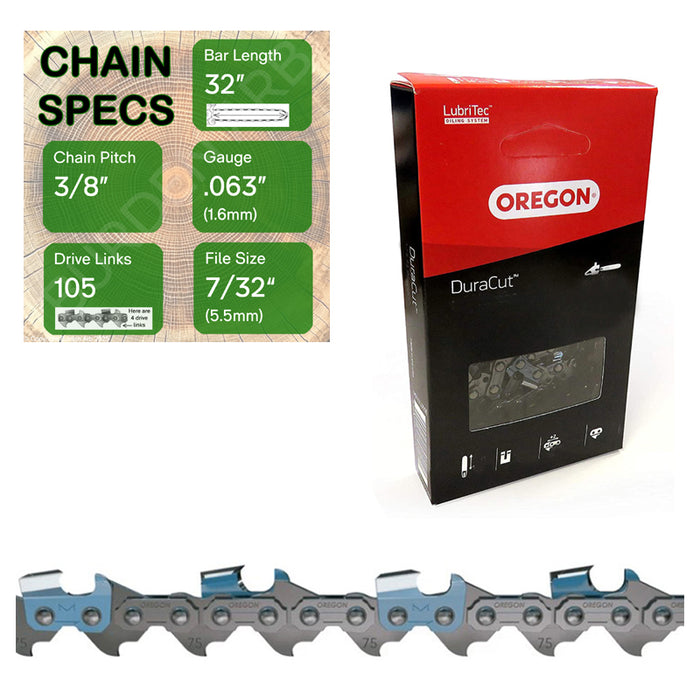 32" Oregon M75LPX105 Chainsaw Chain with specs