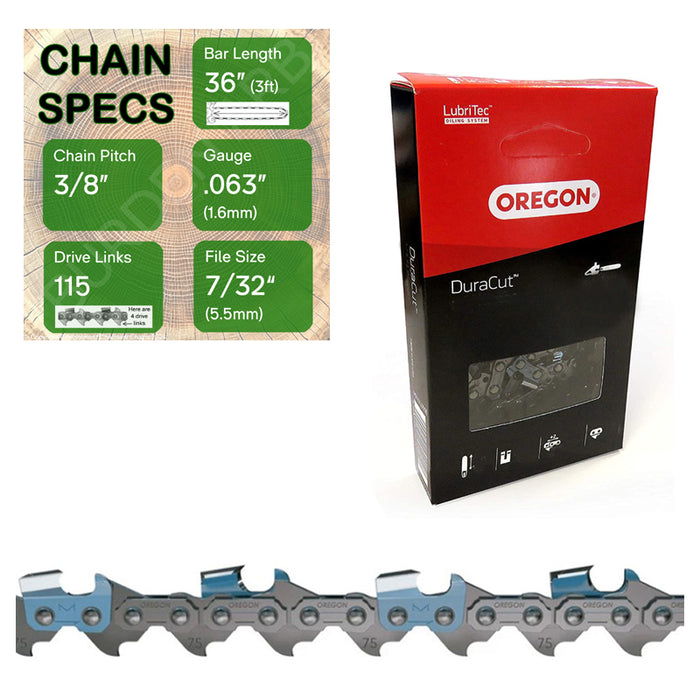 36" Oregon M75LPX115 Chainsaw Chain with specs