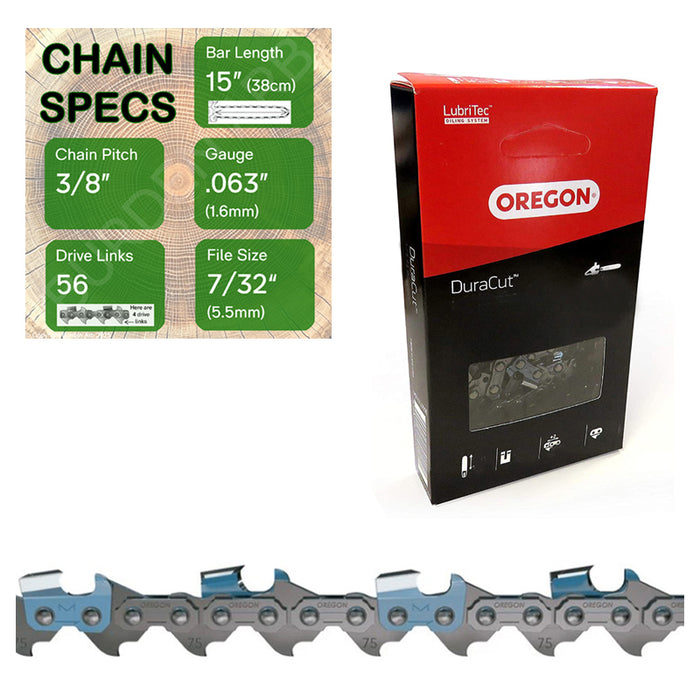 15" Oregon M75LPX056 Chainsaw Chain with specs