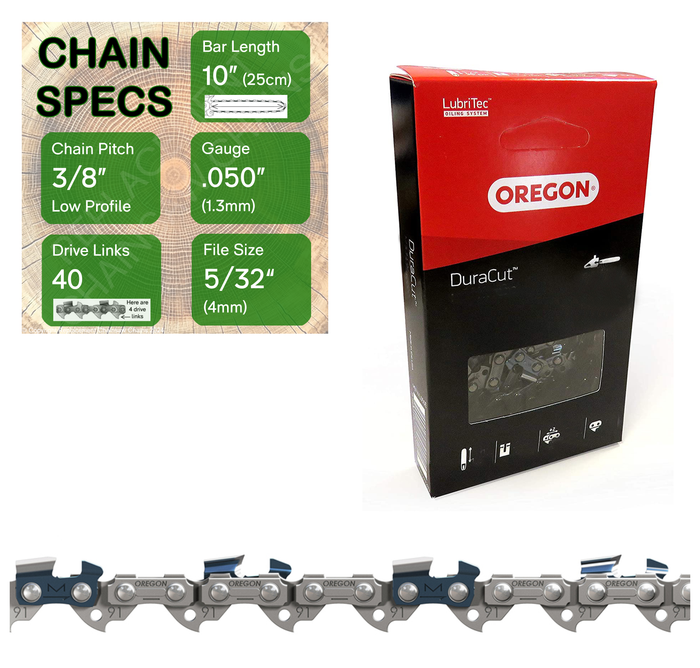 10" Oregon M91VXL040 Chainsaw Chain with specs