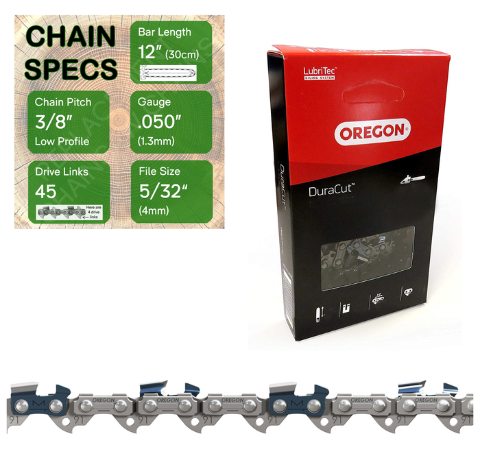 12" Oregon M91VXL045 Chainsaw Chain with specs