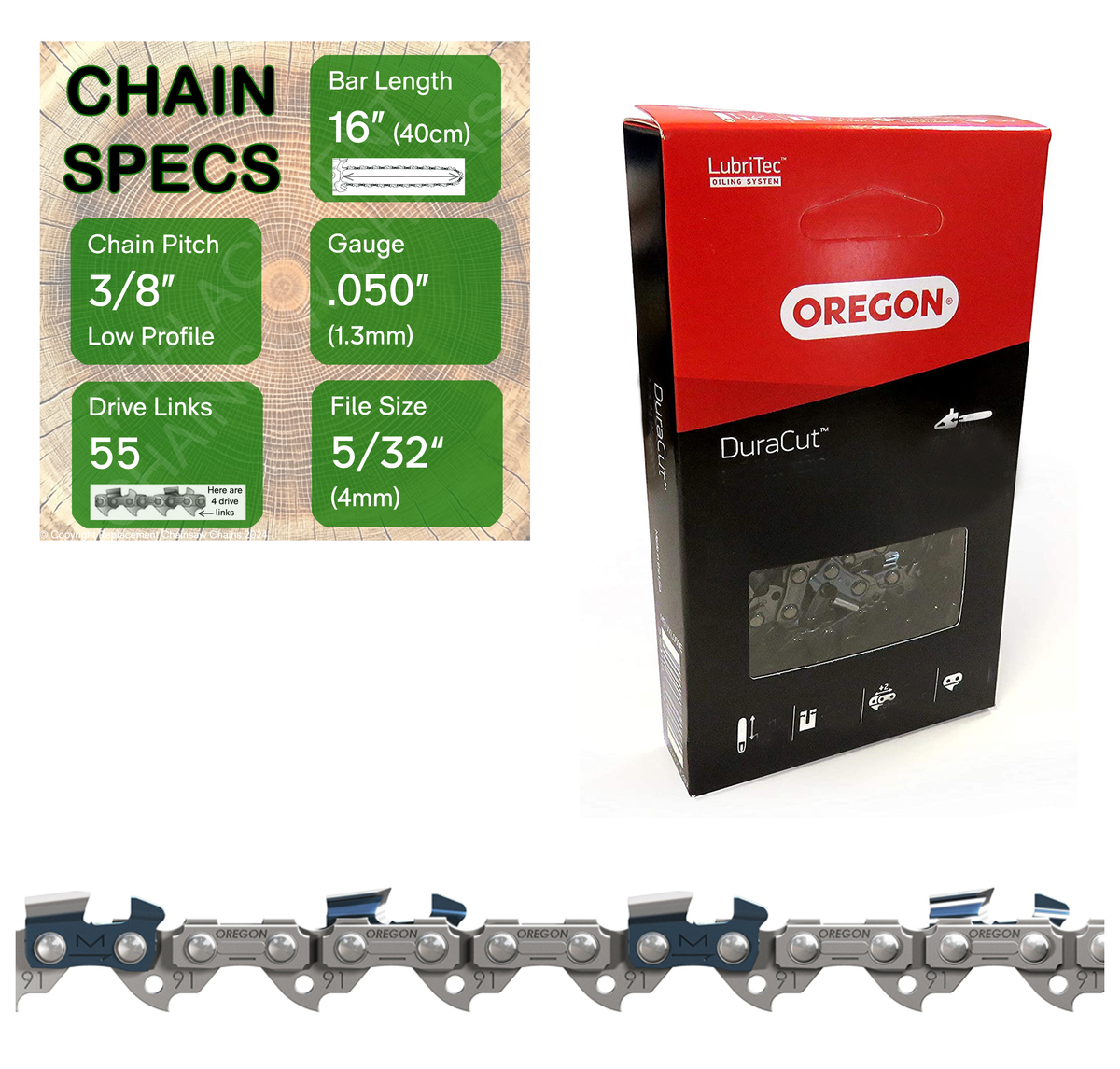 16" Oregon M91VXL055 Chainsaw Chain with specs