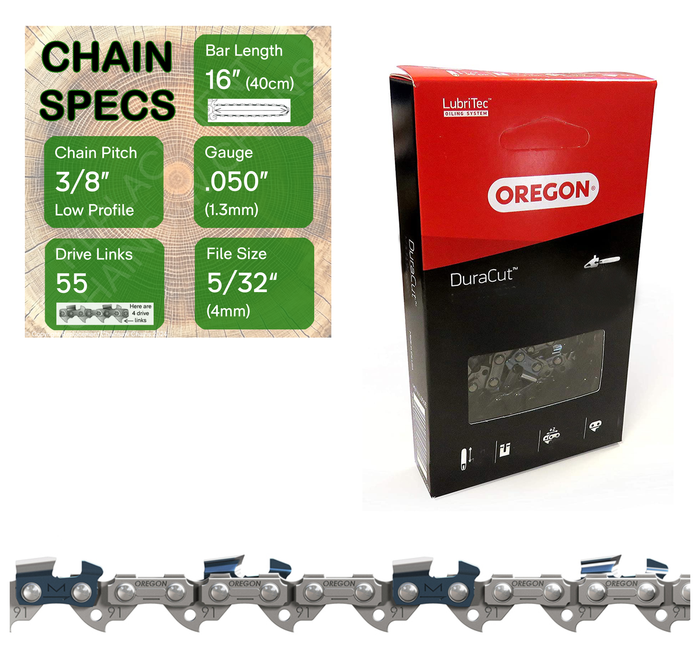 16" Oregon M91VXL055 Chainsaw Chain with specs