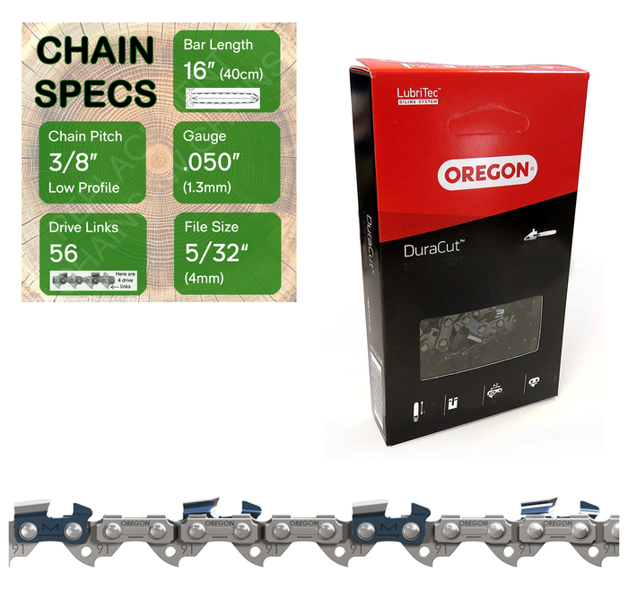 16" Oregon M91VXL056 Chainsaw Chain with specs