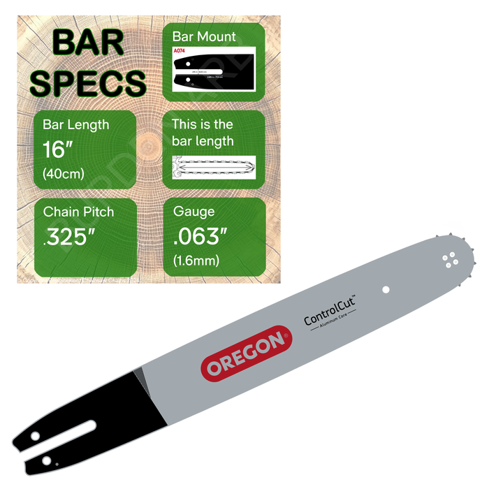 16" OREGON 163PXLBA074 Guide Bar with specs