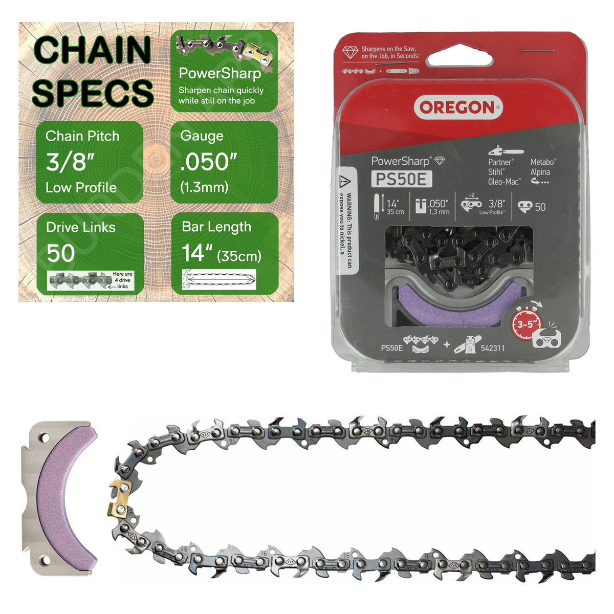14" Oregon PowerSharp PS50E Chain with Specs
