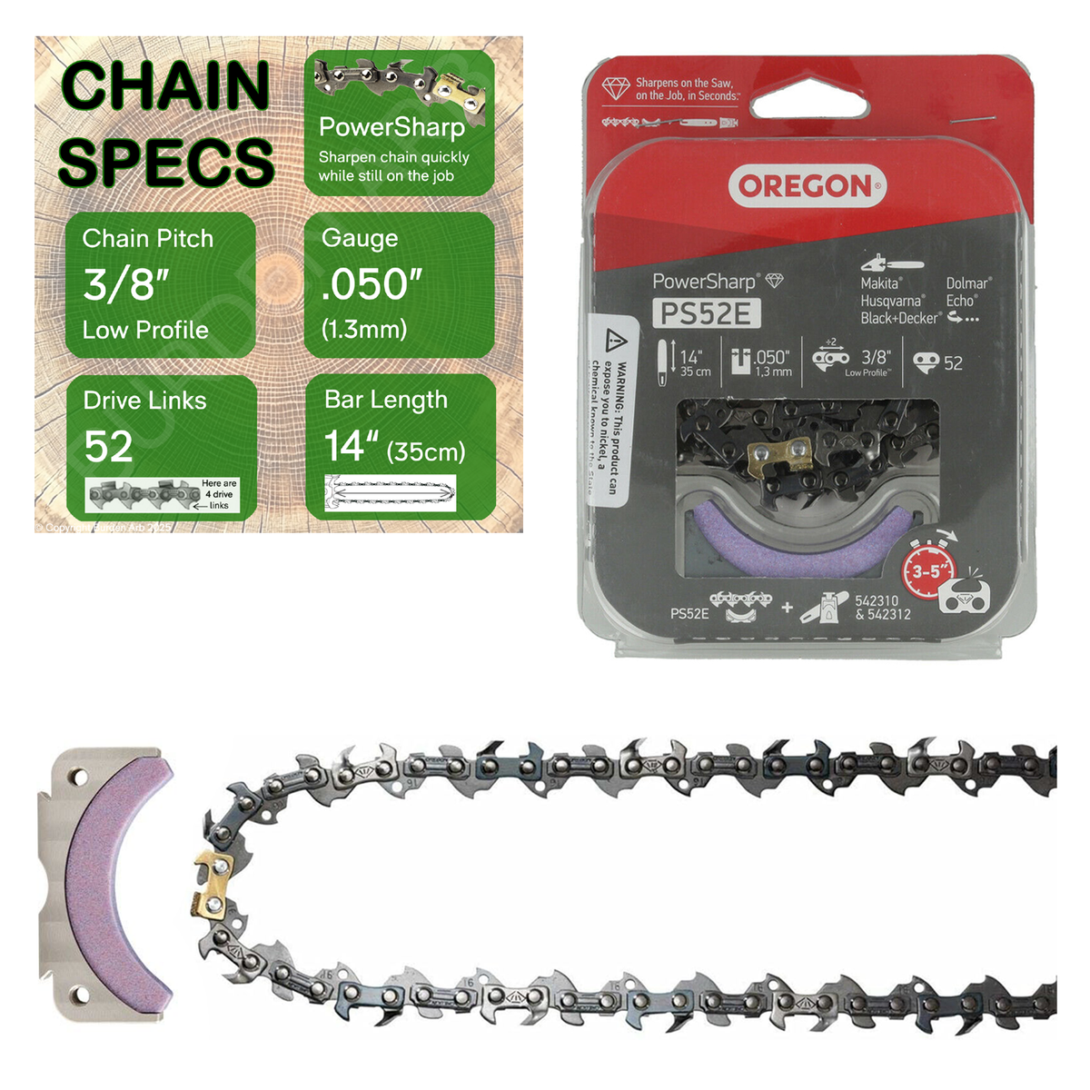14" Oregon PowerSharp PS52E Chain with Specs