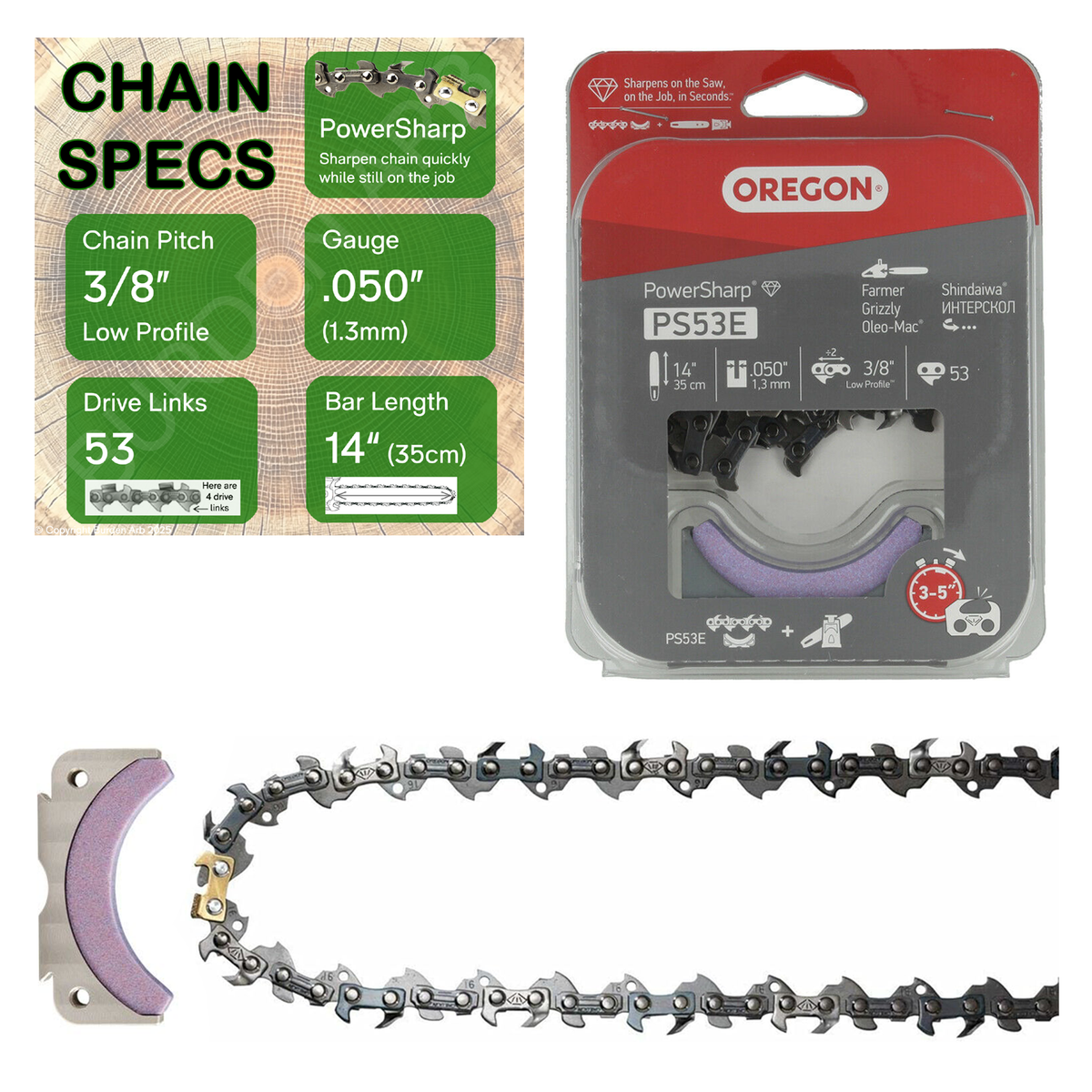 14" Oregon PowerSharp PS53E Chain with Specs