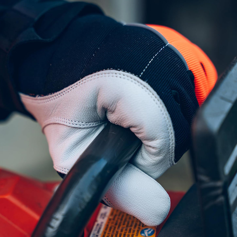 Oregon Protect Pro Chainsaw Gloves Orange & Black in Use Close Up