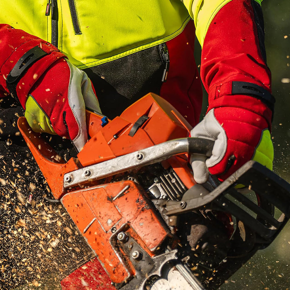 Oregon Protect Pro Chainsaw Gloves Red & Yellow in Use