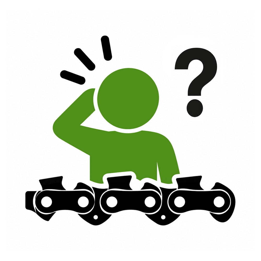A puzzled looking person on a white background looking at a chainsaw chain