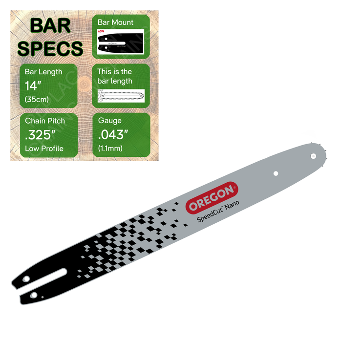 14" OREGON 144TXLNA074 SpeedCut Nano Bar with specs