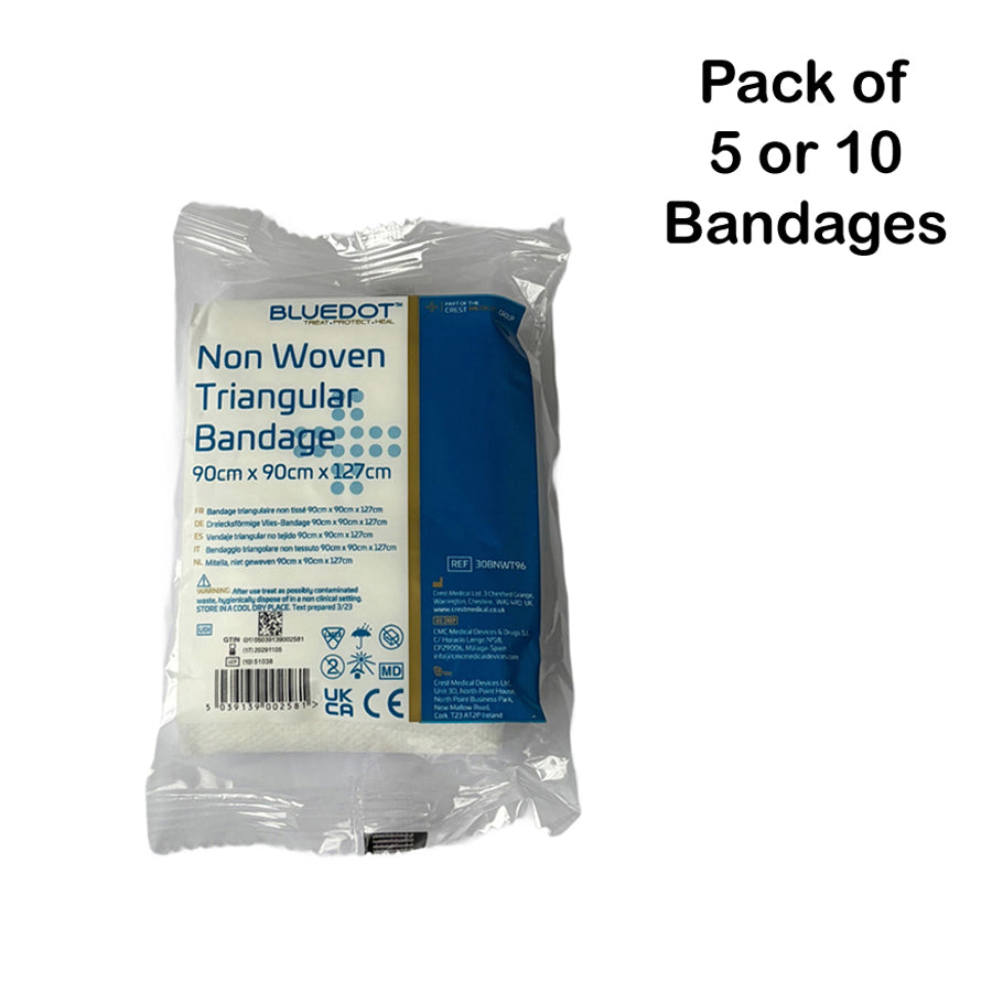 Pack of Blue Dot non-woven triangular bandages with packaging on a white background